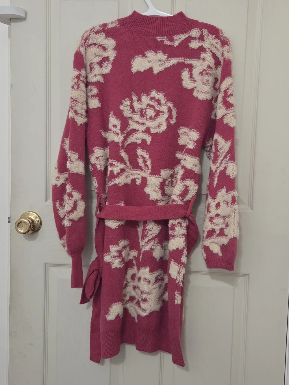 Pink Floral Knit Sweater Dress with Tie Waist - Picture 2 of 5